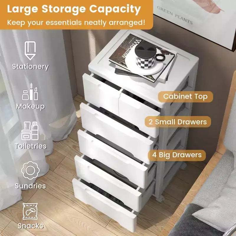 Costway 1/2 PCS 6-Drawer Plastic Rolling Storage Cart with 4 Universal Wheels Dresser Cabinet