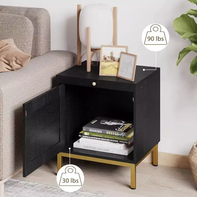 Whizmax Rattan End Table, Wood Nightstand with Tray for Living Room, Bedroom Side Table with Storage Shelf for Entryway, Small Spaces