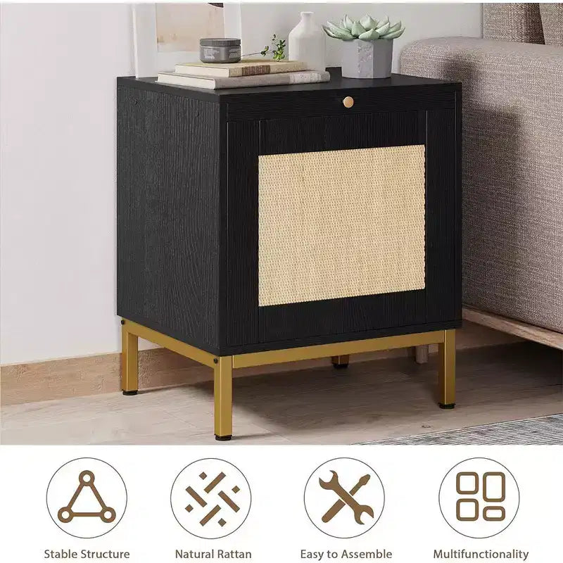 Whizmax Rattan End Table, Wood Nightstand with Tray for Living Room, Bedroom Side Table with Storage Shelf for Entryway, Small Spaces