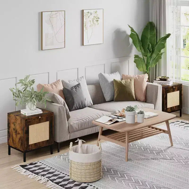 Whizmax Rattan End Table, Wood Nightstand with Tray for Living Room, Bedroom Side Table with Storage Shelf for Entryway, Small Spaces