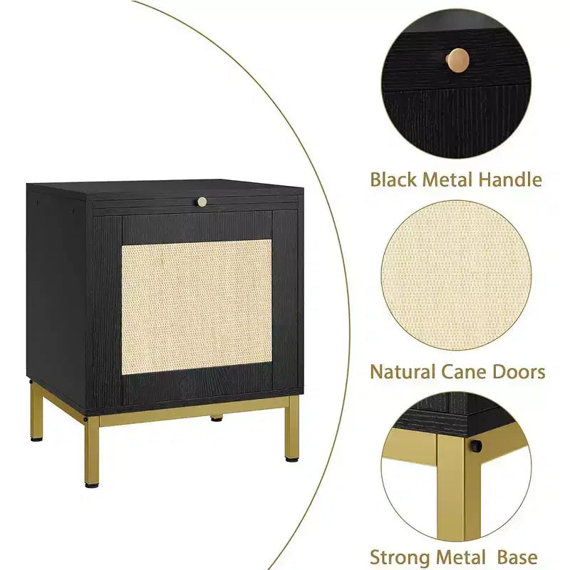 Whizmax Rattan End Table, Wood Nightstand with Tray for Living Room, Bedroom Side Table with Storage Shelf for Entryway, Small Spaces