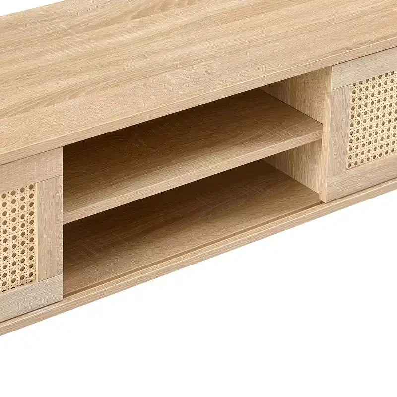 55.12 Rattan TV Cabinet TV Stand With Open Storage Shelves Double Sliding Doors Solid Wood Legs Media Console Table For Living Room Bedroom