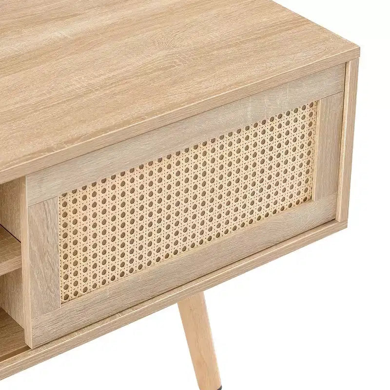 55.12 Rattan TV Cabinet TV Stand With Open Storage Shelves Double Sliding Doors Solid Wood Legs Media Console Table For Living Room Bedroom