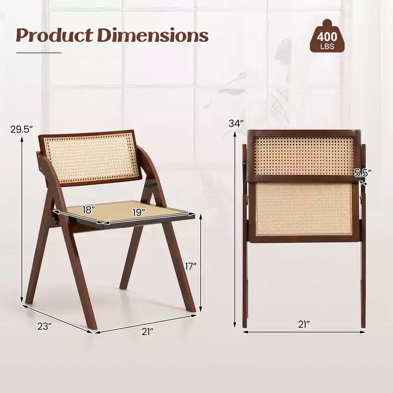 Costway Foldable Dining Chairs Set of 2/4 with Woven Rattan Backrest & Seat Rubber Wood Frame Brown