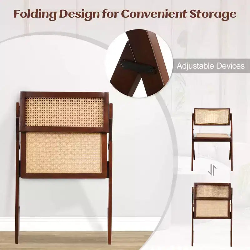 Costway Foldable Dining Chairs Set of 2/4 with Woven Rattan Backrest & Seat Rubber Wood Frame Brown