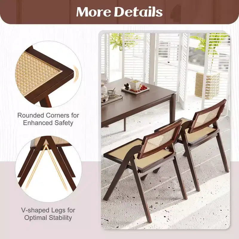 Costway Foldable Dining Chairs Set of 2/4 with Woven Rattan Backrest & Seat Rubber Wood Frame Brown