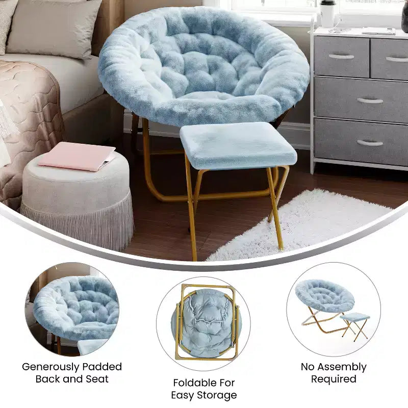 Fauteuil lune pliant en fausse fourrure Flash Furniture Gwen 38 Oversize avec pouf pliant pour dortoir et chambre à coucher