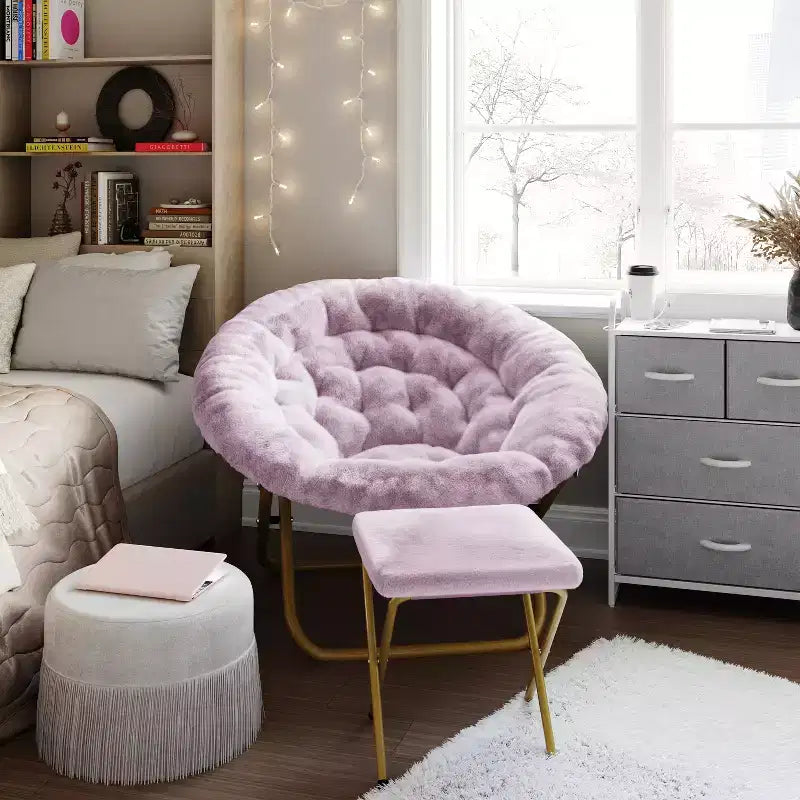 Fauteuil lune pliant en fausse fourrure Flash Furniture Gwen 38 Oversize avec pouf pliant pour dortoir et chambre à coucher