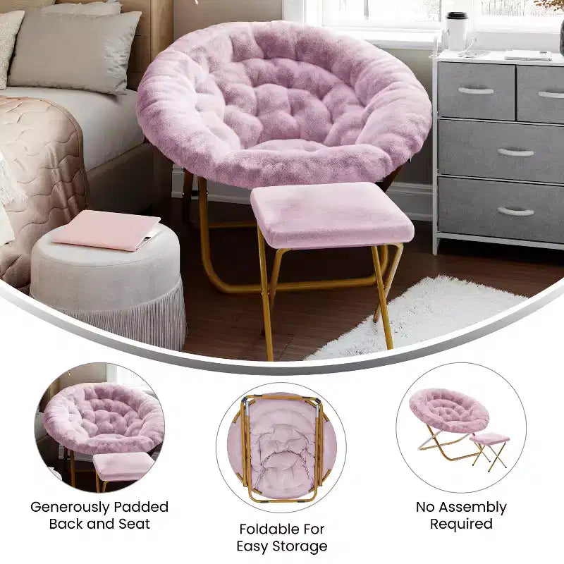 Fauteuil lune pliant en fausse fourrure Flash Furniture Gwen 38 Oversize avec pouf pliant pour dortoir et chambre à coucher