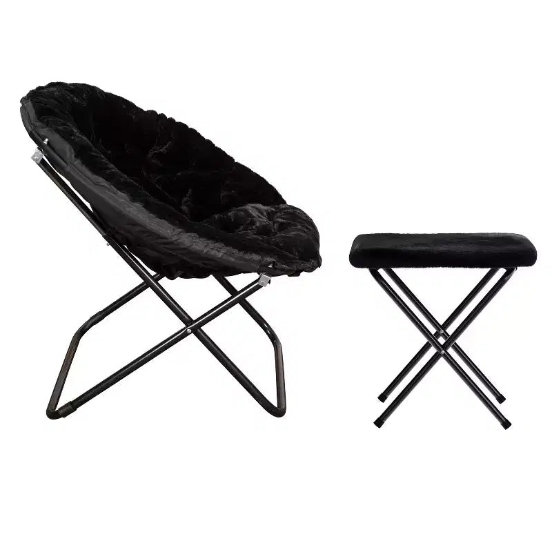 Fauteuil lune pliant en fausse fourrure Flash Furniture Gwen 38 Oversize avec pouf pliant pour dortoir et chambre à coucher