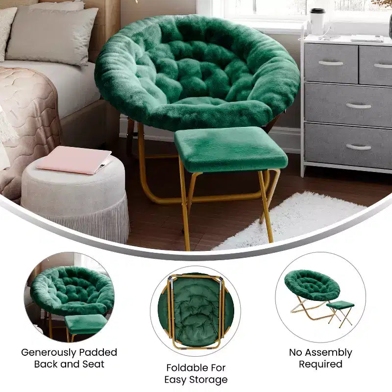 Fauteuil lune pliant en fausse fourrure Flash Furniture Gwen 38 Oversize avec pouf pliant pour dortoir et chambre à coucher