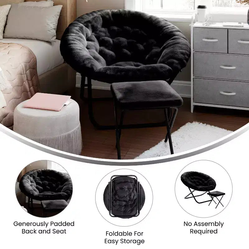 Fauteuil lune pliant en fausse fourrure Flash Furniture Gwen 38 Oversize avec pouf pliant pour dortoir et chambre à coucher