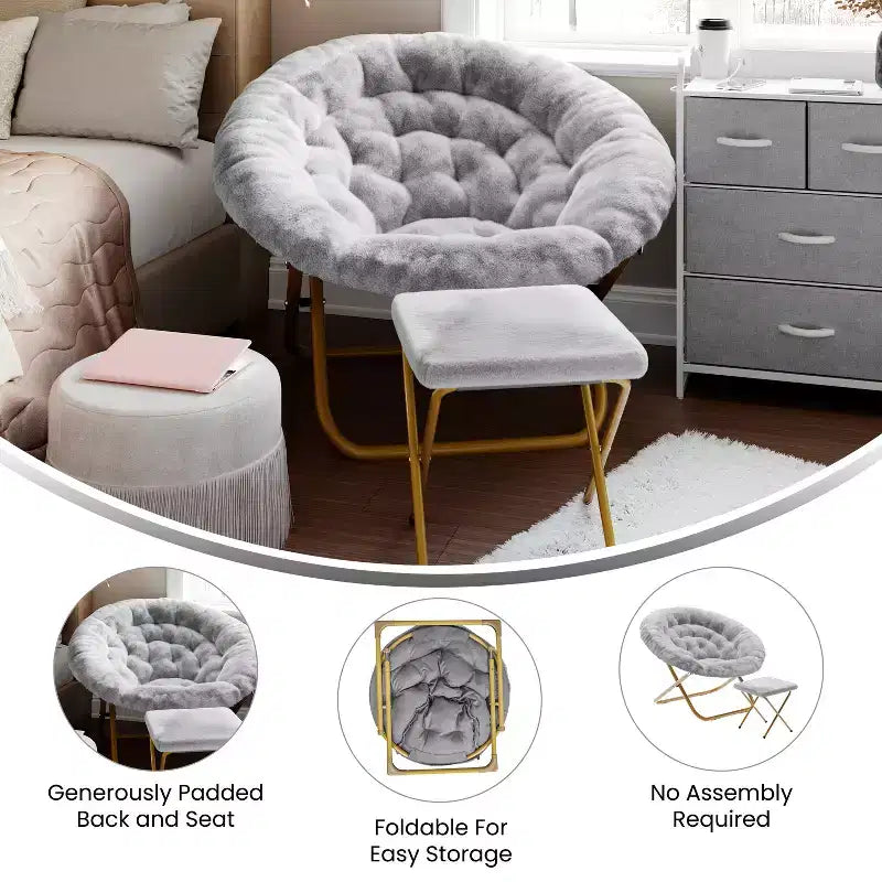 Fauteuil lune pliant en fausse fourrure Flash Furniture Gwen 38 Oversize avec pouf pliant pour dortoir et chambre à coucher
