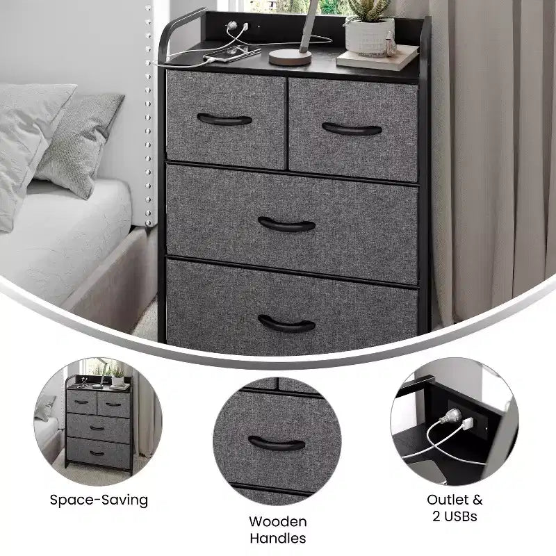 Flash Furniture Sodano Table de Chevet 4 Tiroirs avec Station de Charge, 2 Ports USB et 1 Prise, Cadre Métallique, Dessus, Tiroirs et Poignées en Bois Manufacturé