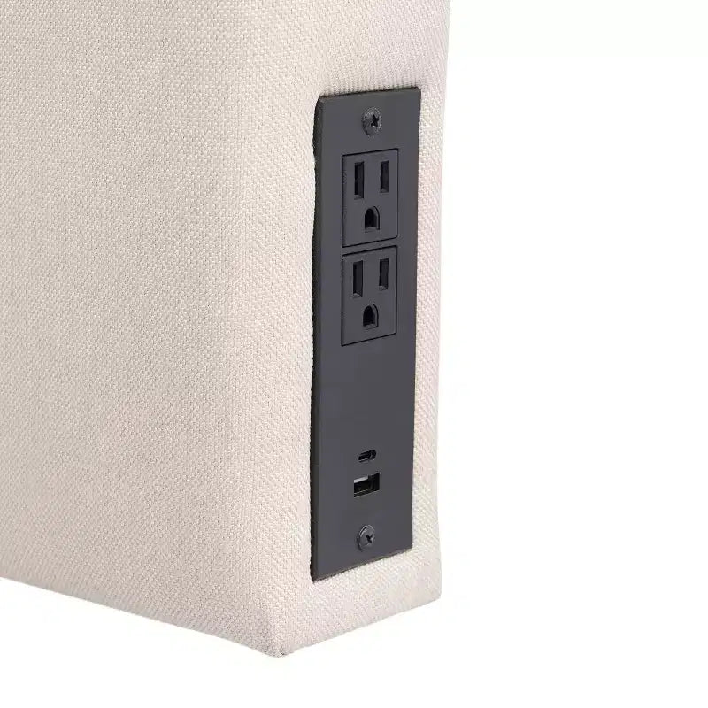 Merrick Lane Faux Linen Headboard with Stylish Upholstery, Dual Hanging Options, Charging Station with 2 Outlets, USB Port, USB-C Port
