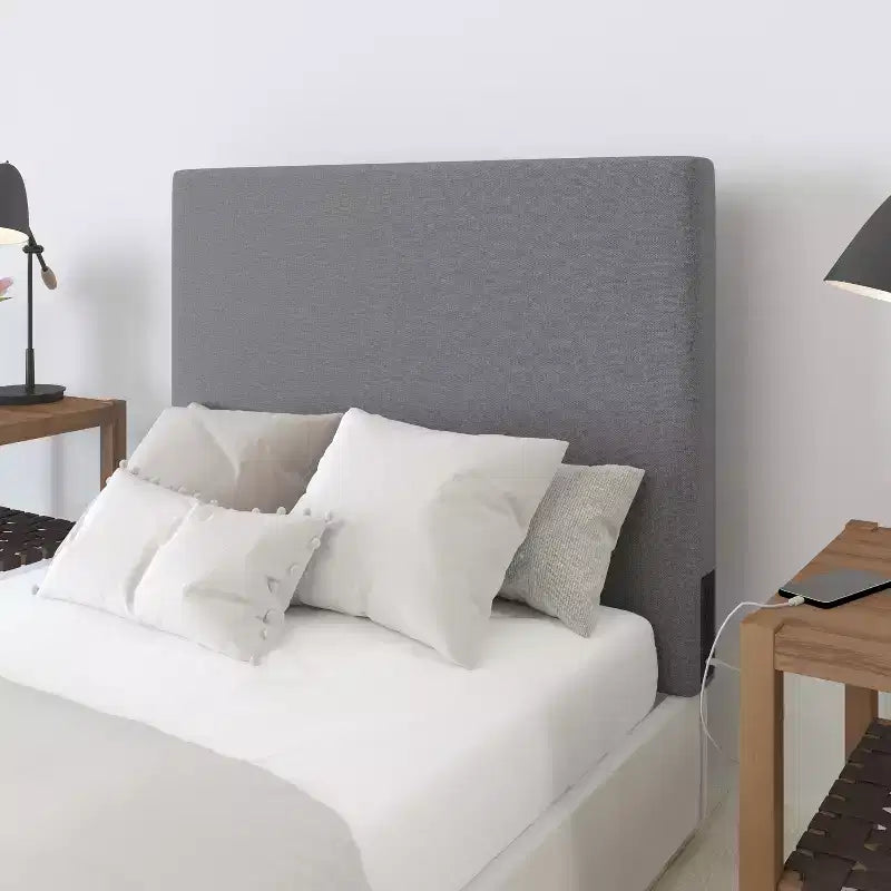 Merrick Lane Faux Linen Headboard with Stylish Upholstery, Dual Hanging Options, Charging Station with 2 Outlets, USB Port, USB-C Port