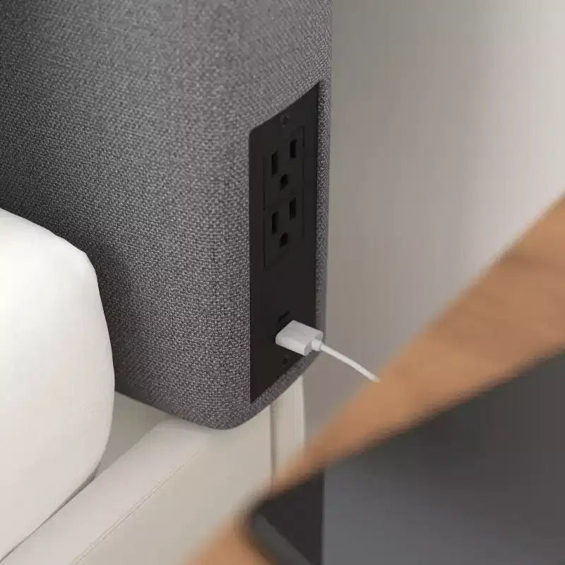 Merrick Lane Faux Linen Headboard with Stylish Upholstery, Dual Hanging Options, Charging Station with 2 Outlets, USB Port, USB-C Port