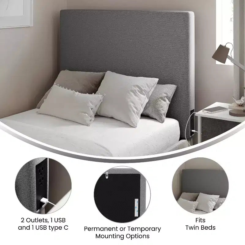 Merrick Lane Faux Linen Headboard with Stylish Upholstery, Dual Hanging Options, Charging Station with 2 Outlets, USB Port, USB-C Port
