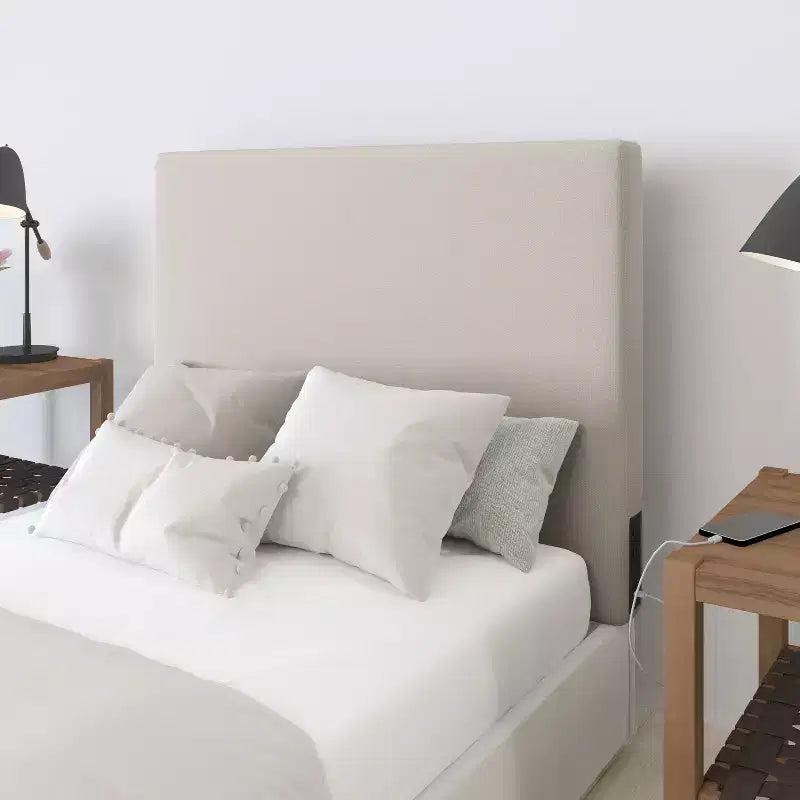 Merrick Lane Faux Linen Headboard with Stylish Upholstery, Dual Hanging Options, Charging Station with 2 Outlets, USB Port, USB-C Port