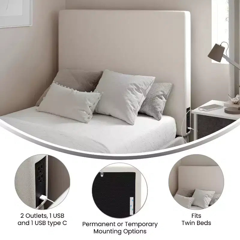 Merrick Lane Faux Linen Headboard with Stylish Upholstery, Dual Hanging Options, Charging Station with 2 Outlets, USB Port, USB-C Port