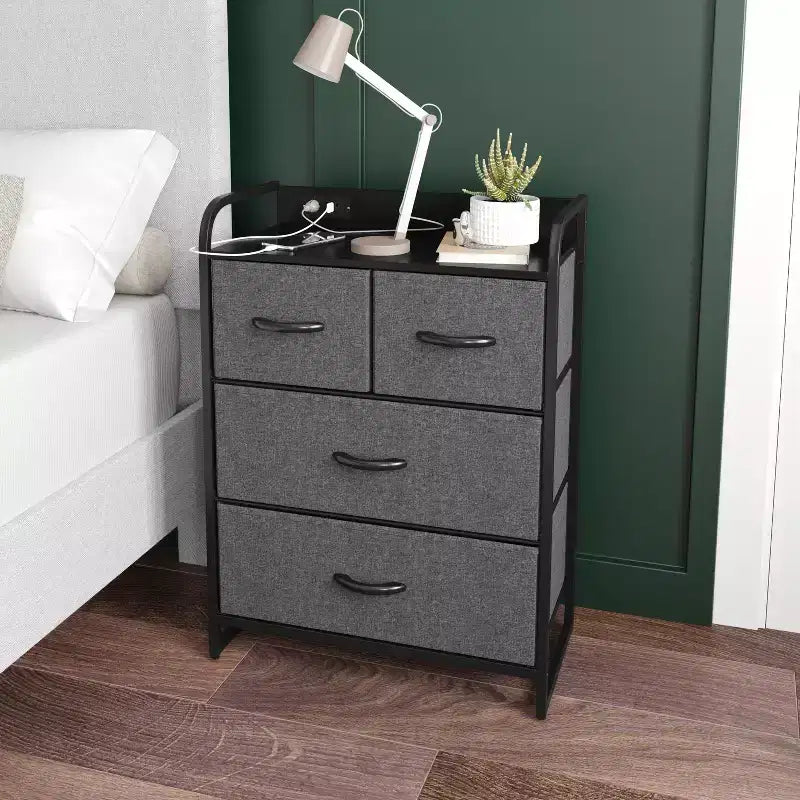 Emma and Oliver Nightstand with 4 Fabric Drawers, Charging Station with 2 USB Ports/Power Outlet, Engineered Wood Top, Wood Handles, Metal Frame