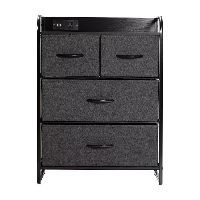 Emma and Oliver Nightstand with 4 Fabric Drawers, Charging Station with 2 USB Ports/Power Outlet, Engineered Wood Top, Wood Handles, Metal Frame