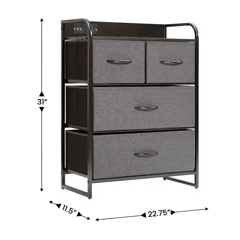 Emma and Oliver Nightstand with 4 Fabric Drawers, Charging Station with 2 USB Ports/Power Outlet, Engineered Wood Top, Wood Handles, Metal Frame