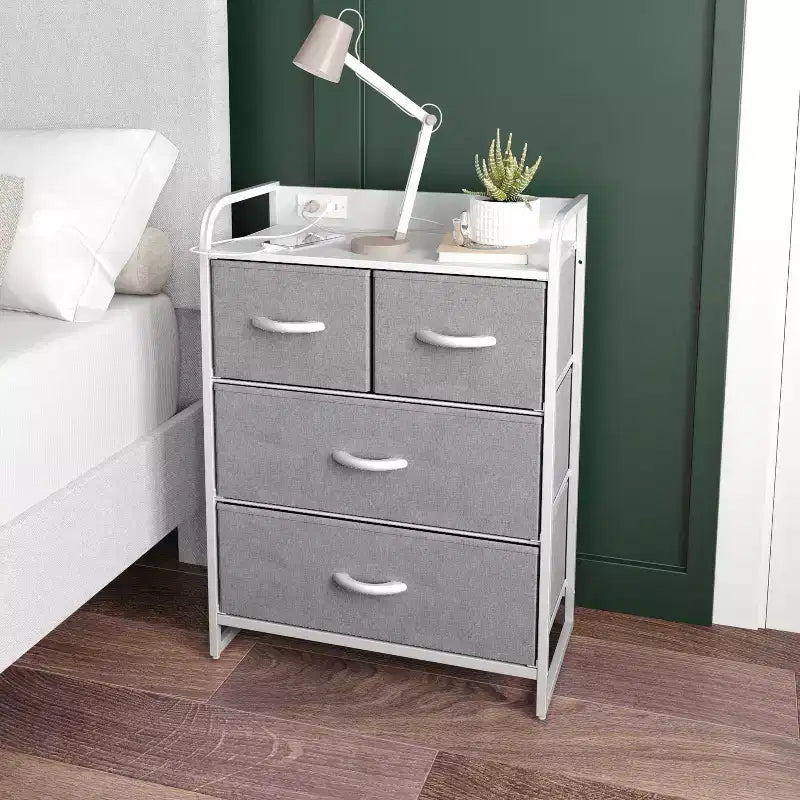 Emma and Oliver Nightstand with 4 Fabric Drawers, Charging Station with 2 USB Ports/Power Outlet, Engineered Wood Top, Wood Handles, Metal Frame