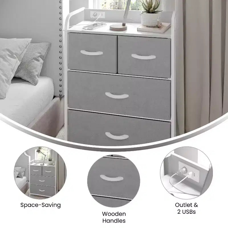 Emma and Oliver Nightstand with 4 Fabric Drawers, Charging Station with 2 USB Ports/Power Outlet, Engineered Wood Top, Wood Handles, Metal Frame