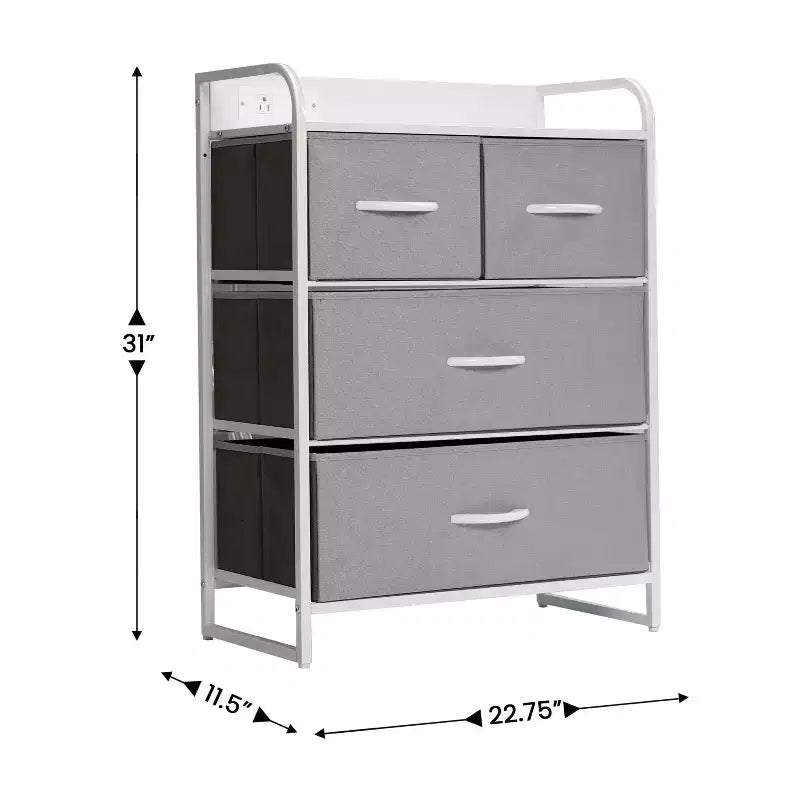 Emma and Oliver Nightstand with 4 Fabric Drawers, Charging Station with 2 USB Ports/Power Outlet, Engineered Wood Top, Wood Handles, Metal Frame