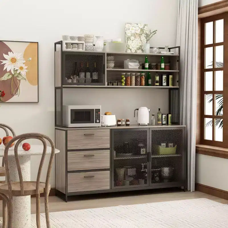 Famapy 59 in. W Kitchen Wood Buffet Sideboard Pantry Cabinet For Dining Room with Metal MDoors 3-Drawers Shelves