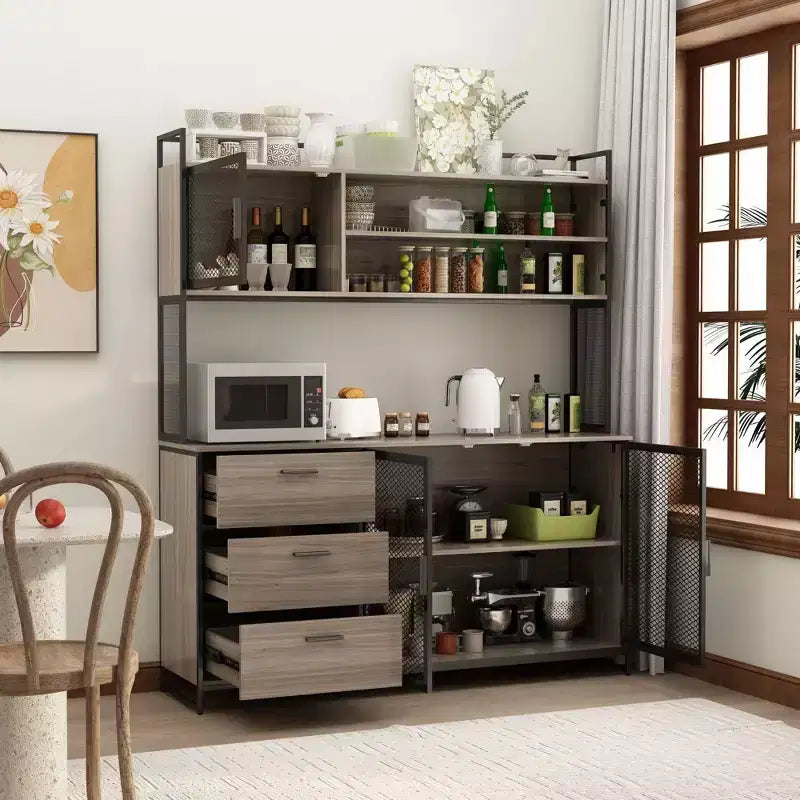 Famapy 59 in. W Kitchen Wood Buffet Sideboard Pantry Cabinet For Dining Room with Metal MDoors 3-Drawers Shelves