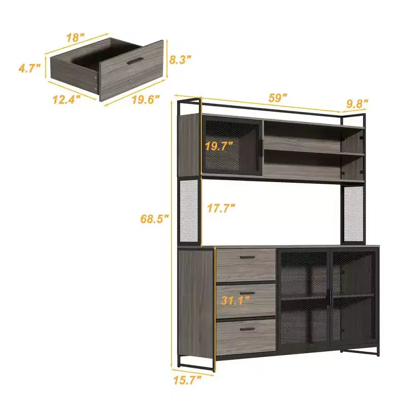 Famapy 59 in. W Kitchen Wood Buffet Sideboard Pantry Cabinet For Dining Room with Metal MDoors 3-Drawers Shelves