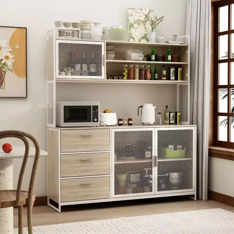 Famapy 59 in. W Kitchen Wood Buffet Sideboard Pantry Cabinet For Dining Room with Metal MDoors 3-Drawers Shelves