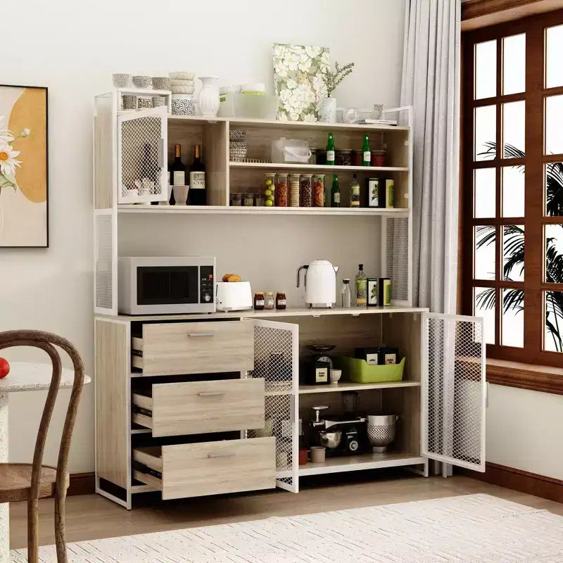 Famapy 59 in. W Kitchen Wood Buffet Sideboard Pantry Cabinet For Dining Room with Metal MDoors 3-Drawers Shelves