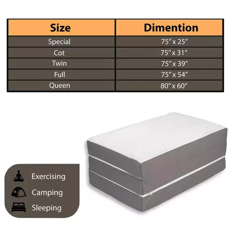Continental Sleep 3-Inch Portable Tri Folding Gel Memory Foam Mattress | Breathable Mesh Sides with Ultra Soft, Removable and Washable Cover