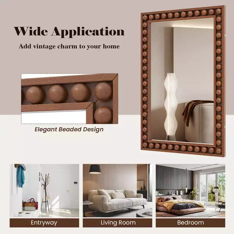 Costway 24 x 36 Rustic Decorative Wall Mirror with Solid Wood Frame Beads for Living Room Brown/White