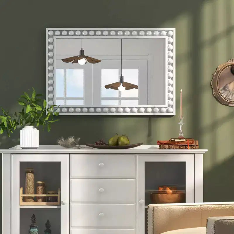 Costway 24 x 36 Rustic Decorative Wall Mirror with Solid Wood Frame Beads for Living Room Brown/White