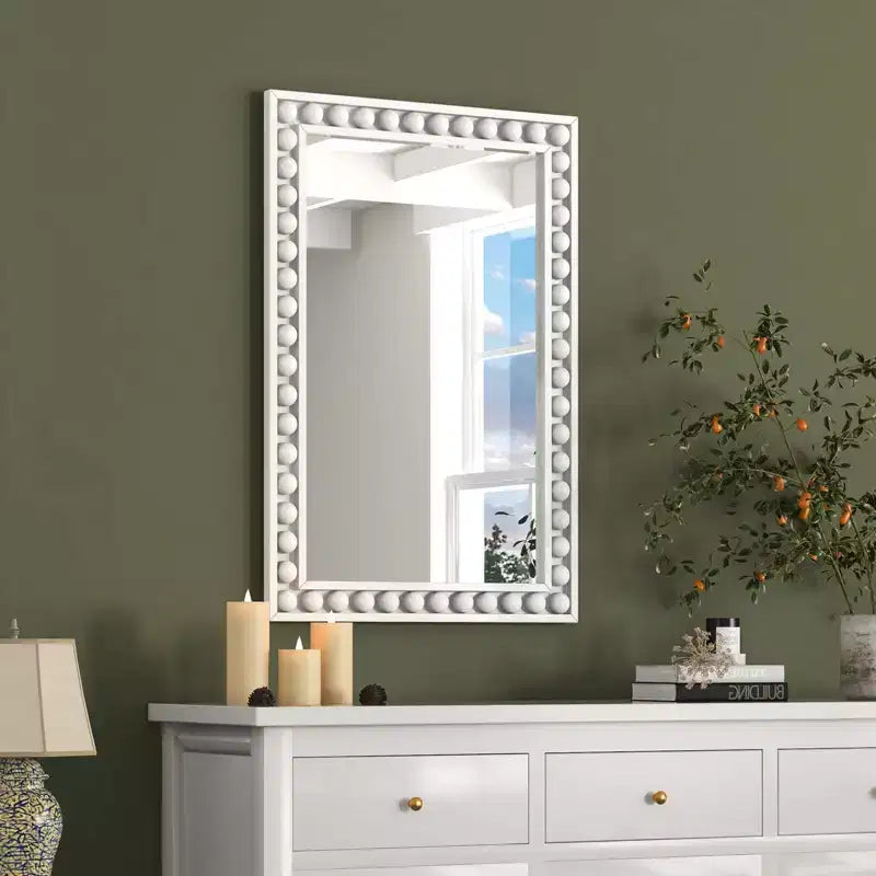 Costway 24 x 36 Rustic Decorative Wall Mirror with Solid Wood Frame Beads for Living Room Brown/White