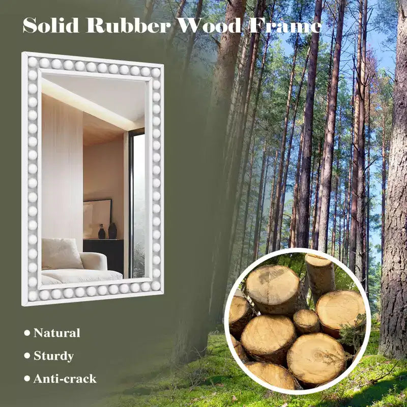 Costway 24 x 36 Rustic Decorative Wall Mirror with Solid Wood Frame Beads for Living Room Brown/White