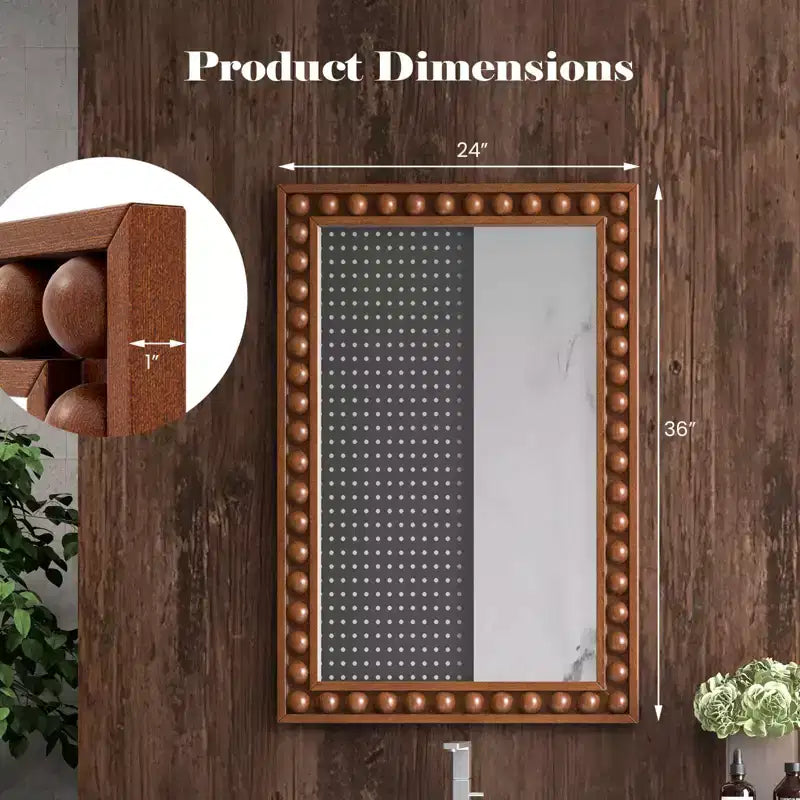 Costway 24 x 36 Rustic Decorative Wall Mirror with Solid Wood Frame Beads for Living Room Brown/White