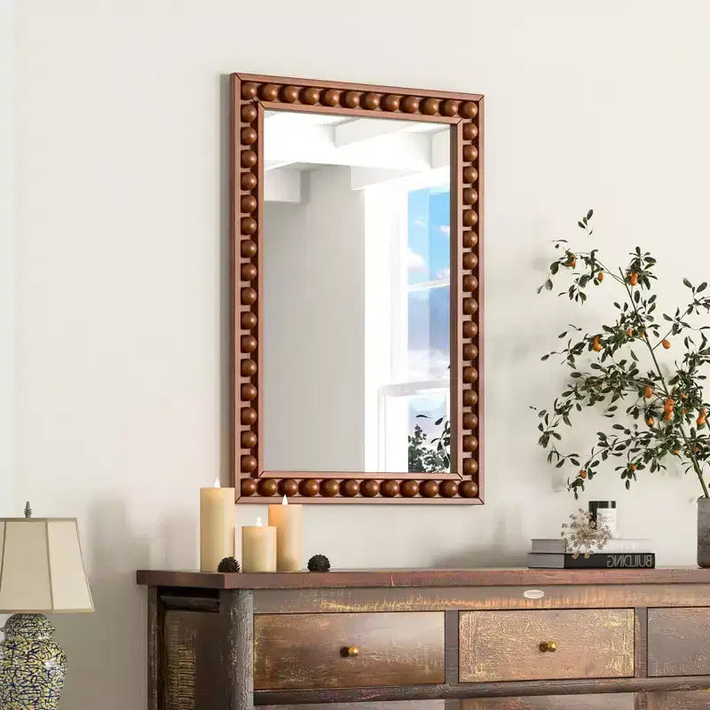 Costway 24 x 36 Rustic Decorative Wall Mirror with Solid Wood Frame Beads for Living Room Brown/White