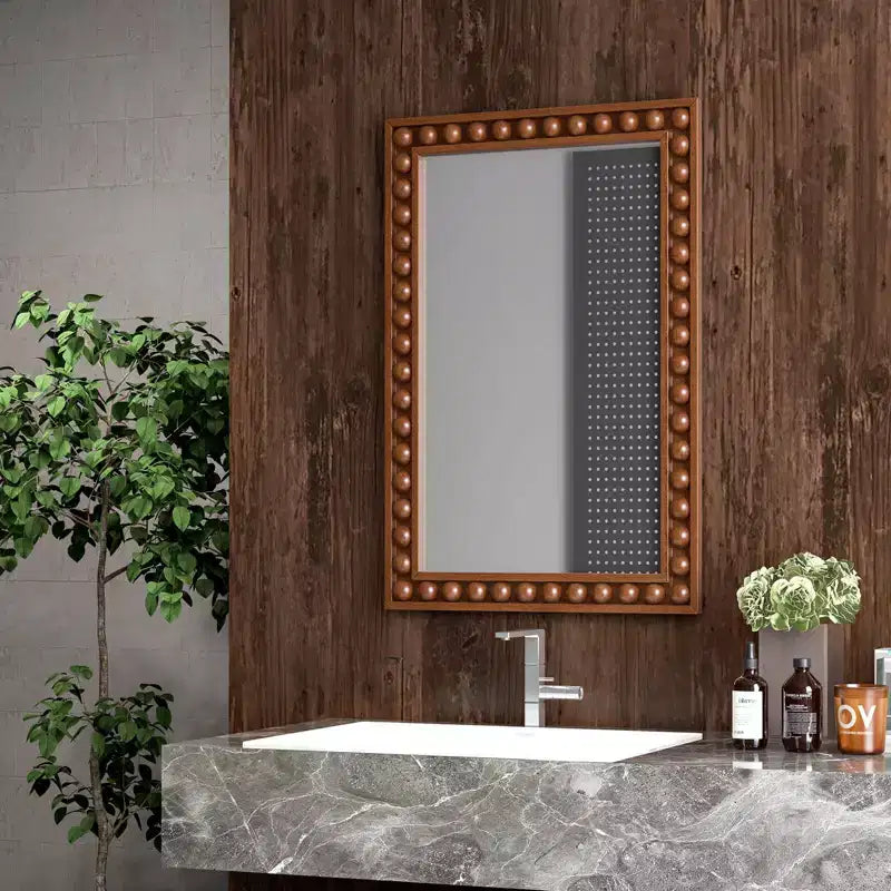 Costway 24 x 36 Rustic Decorative Wall Mirror with Solid Wood Frame Beads for Living Room Brown/White