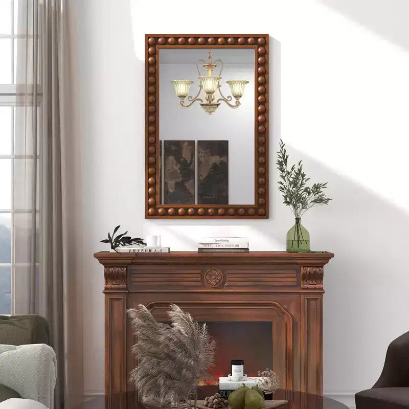 Costway 24 x 36 Rustic Decorative Wall Mirror with Solid Wood Frame Beads for Living Room Brown/White