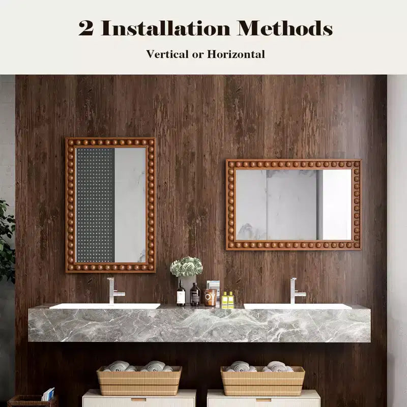 Costway 24 x 36 Rustic Decorative Wall Mirror with Solid Wood Frame Beads for Living Room Brown/White