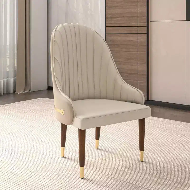 LeisureMod Elara Collection High-Back Dining Chair  Leather Upholstery with Ripple Back Design, Rubberwood Frame and Gold Accents for Dining Room