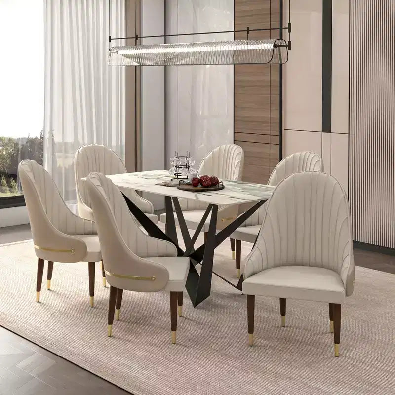 LeisureMod Elara Collection High-Back Dining Chair  Leather Upholstery with Ripple Back Design, Rubberwood Frame and Gold Accents for Dining Room