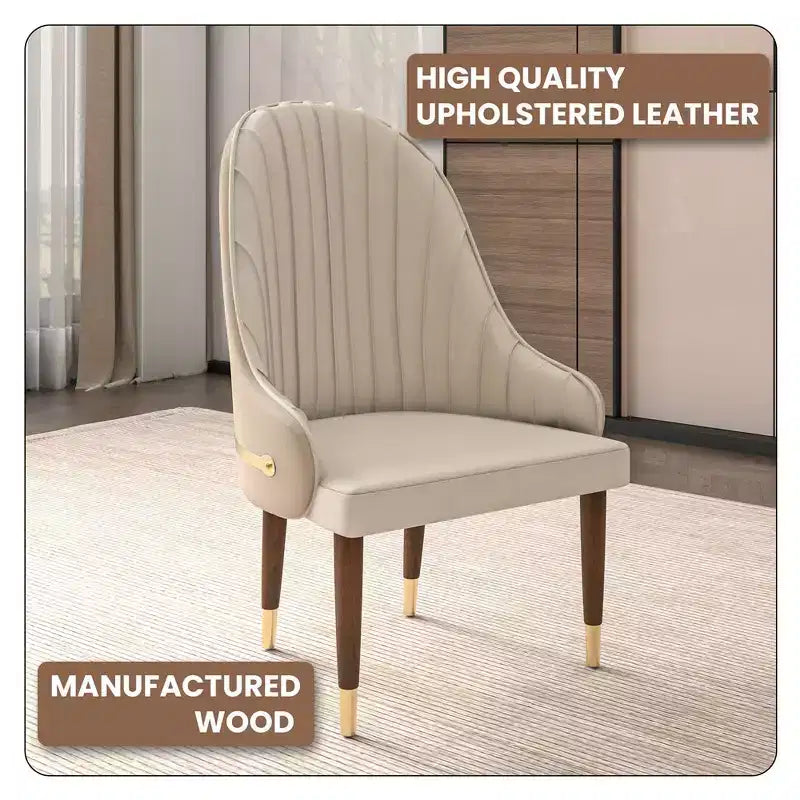 LeisureMod Elara Collection High-Back Dining Chair  Leather Upholstery with Ripple Back Design, Rubberwood Frame and Gold Accents for Dining Room