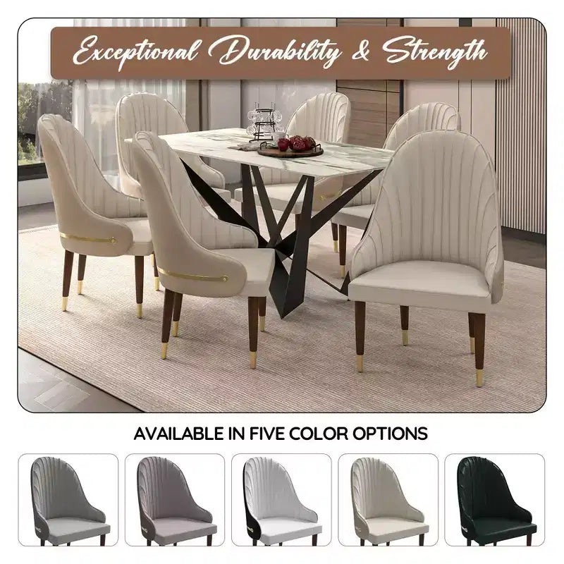LeisureMod Elara Collection High-Back Dining Chair  Leather Upholstery with Ripple Back Design, Rubberwood Frame and Gold Accents for Dining Room
