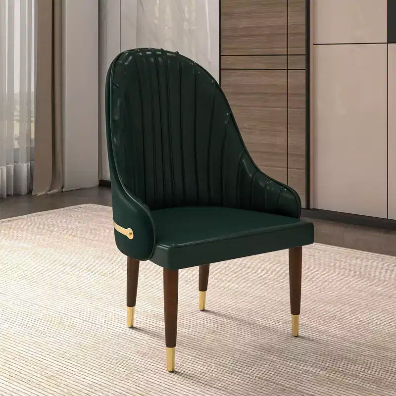 LeisureMod Elara Collection High-Back Dining Chair  Leather Upholstery with Ripple Back Design, Rubberwood Frame and Gold Accents for Dining Room
